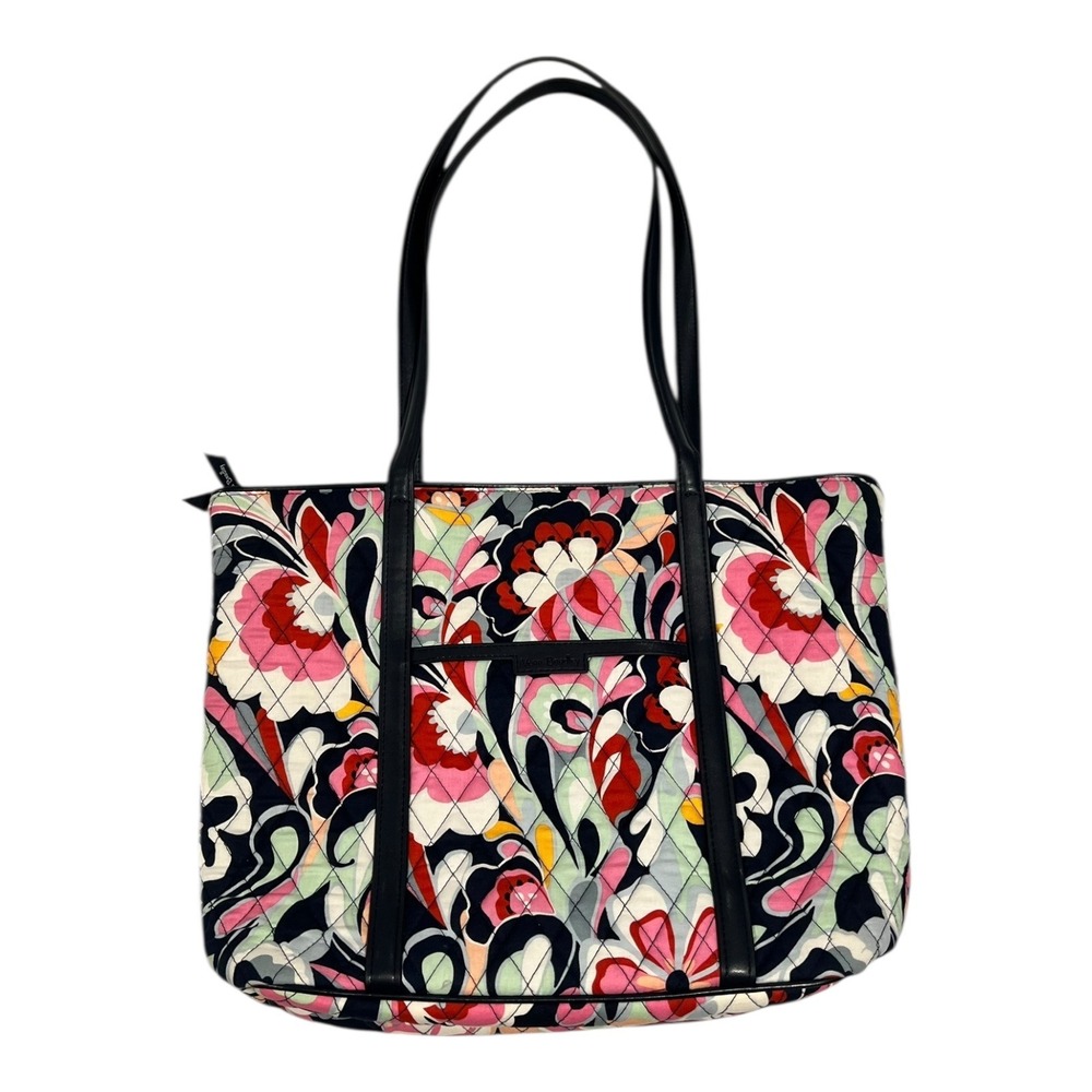 Vera Bradley Floral Quilted Tote Bag Black Leather Trim Shoulder Bag 25094-V79